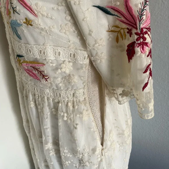 Womens Floral Embroidered Midi Ivory Dress - Picture 8 of 9